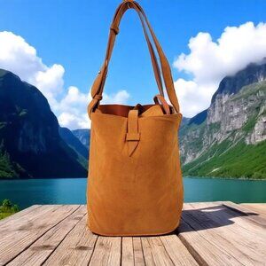 Laila by Geir Ness Burnt Orange Faux Suede Bucket Bag – Nordic Minimalist Style